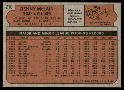 1972 Topps Baseball #210 - Denny McLain - NM