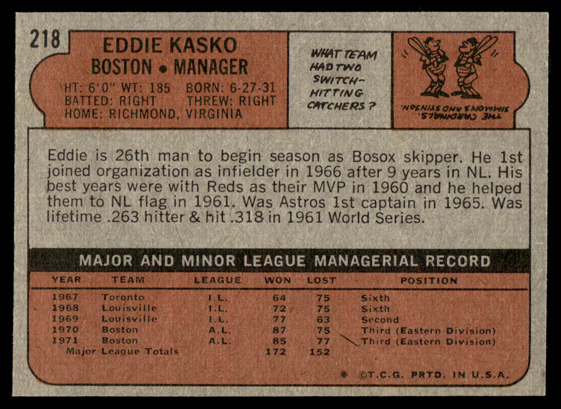 1972 Topps Baseball #218 - Eddie Kasko - NM