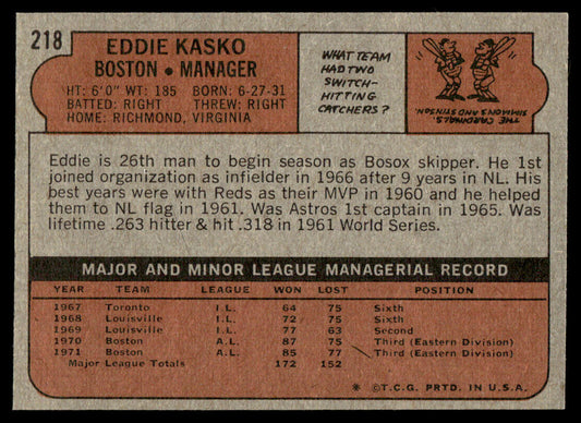 1972 Topps Baseball #218 - Eddie Kasko - NM