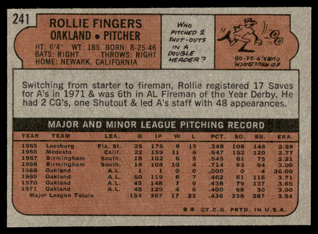 1972 Topps Baseball #241 - Rollie Fingers - NM