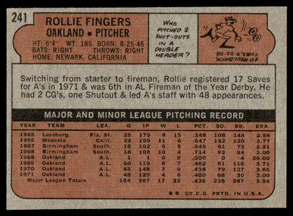 1972 Topps Baseball #241 - Rollie Fingers - NM