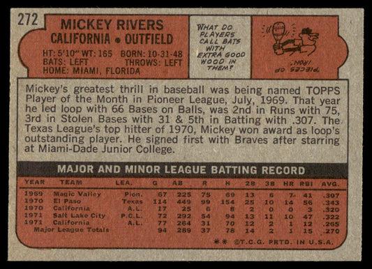 1972 Topps Baseball #272 - Mickey Rivers RC - EXMT