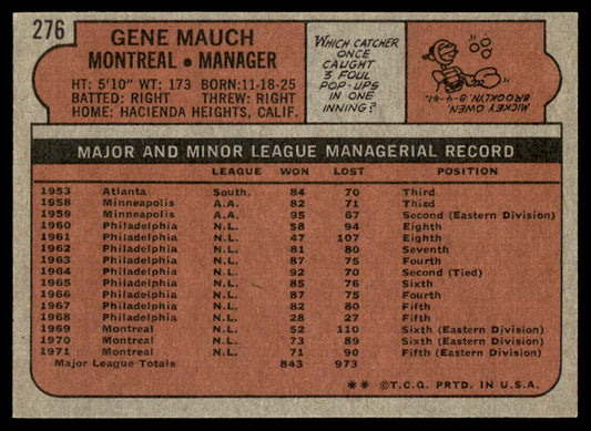 1972 Topps Baseball #276 - Gene Mauch - EXMT