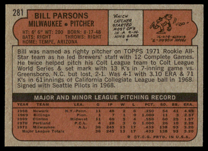 1972 Topps Baseball #281 - Bill Parsons RC - EXMT