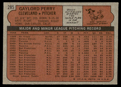 1972 Topps Baseball #285 - Gaylord Perry - EXMT