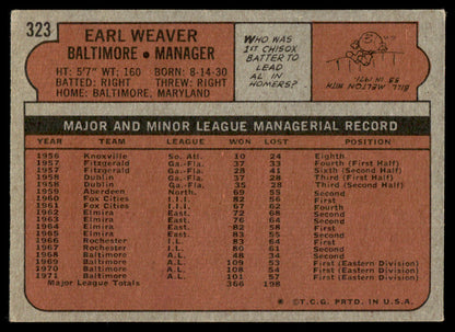 1972 Topps Baseball #323 - Earl Weaver - EX