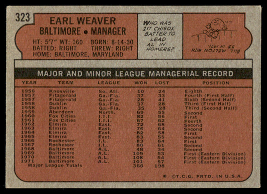 1972 Topps Baseball #323 - Earl Weaver - EX