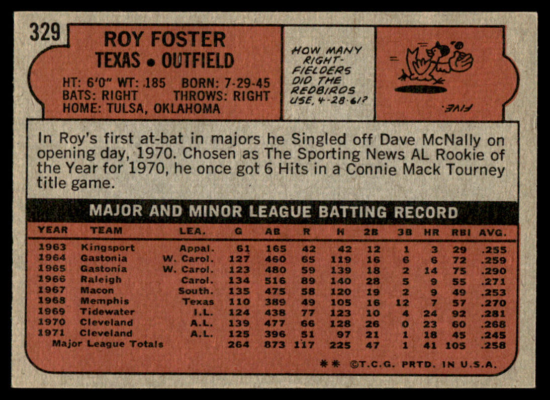 1972 Topps Baseball #329 - Roy Foster - NM