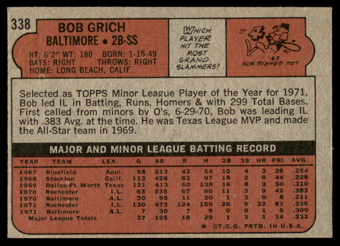 1972 Topps Baseball #338 - Bob Grich - EXMT