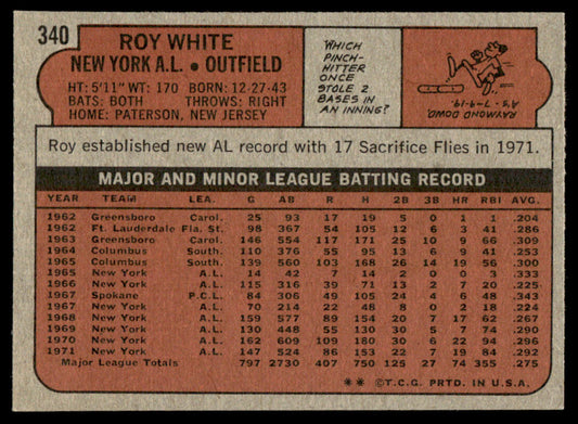 1972 Topps Baseball #340 - Roy White - EXMT