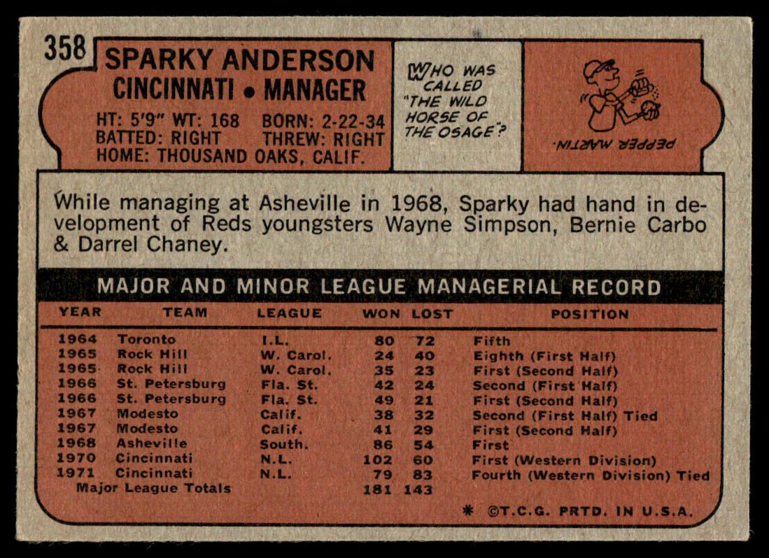 1972 Topps Baseball #358 - Sparky Anderson - EXMT