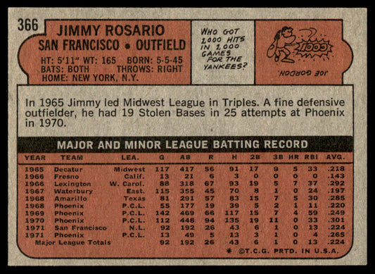 1972 Topps Baseball #366 - Jimmy Rosario RC - EXMT