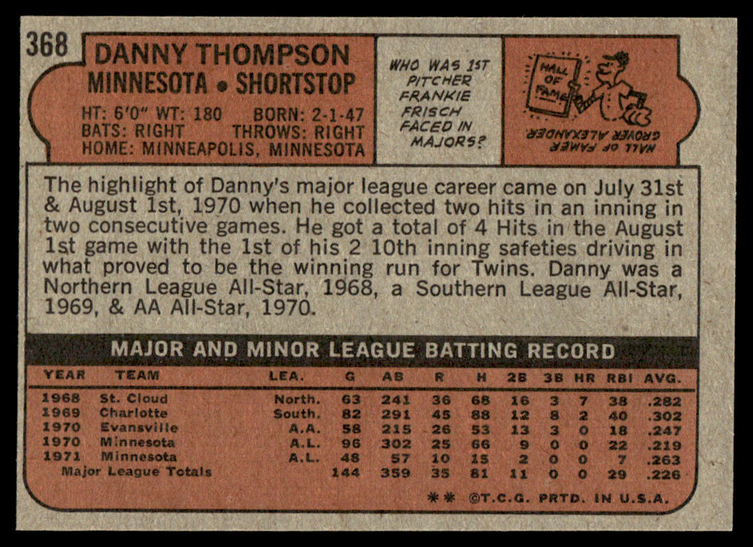 1972 Topps Baseball #368 - Danny Thompson - NM