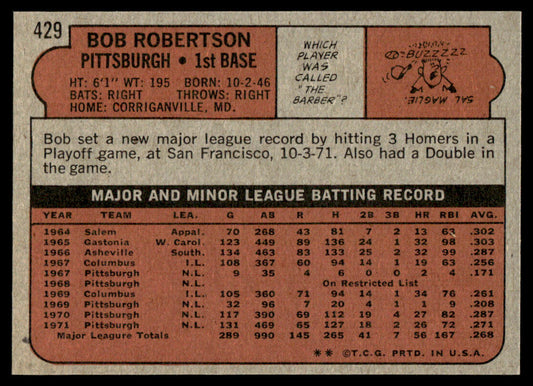 1972 Topps Baseball #429 - Bob Robertson - EXMT