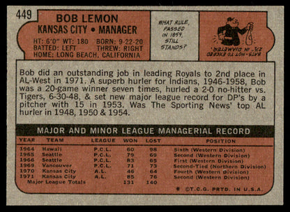1972 Topps Baseball #449 - Bob Lemon - EXMT