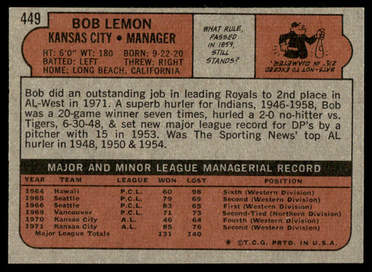 1972 Topps Baseball #449 - Bob Lemon - EXMT