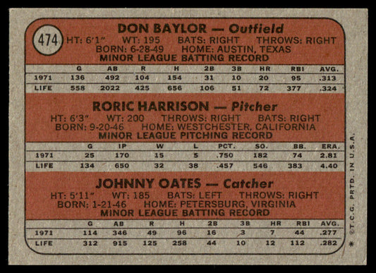 1972 Topps Baseball #474 - Orioles 1972 Rookie Stars - Baylor/Oates - EXMT