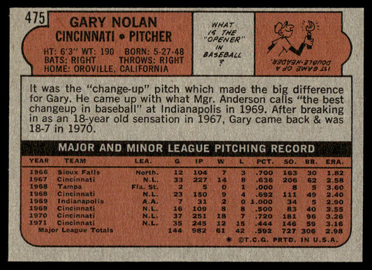 1972 Topps Baseball #475 - Gary Nolan - EXMT