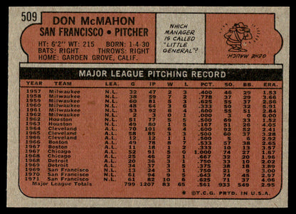 1972 Topps Baseball #509 - Don McMahon - NM