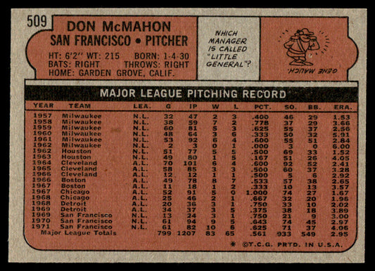 1972 Topps Baseball #509 - Don McMahon - NM