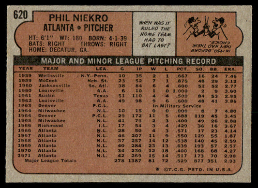 1972 Topps Baseball #620 - Phil Niekro - EXMT