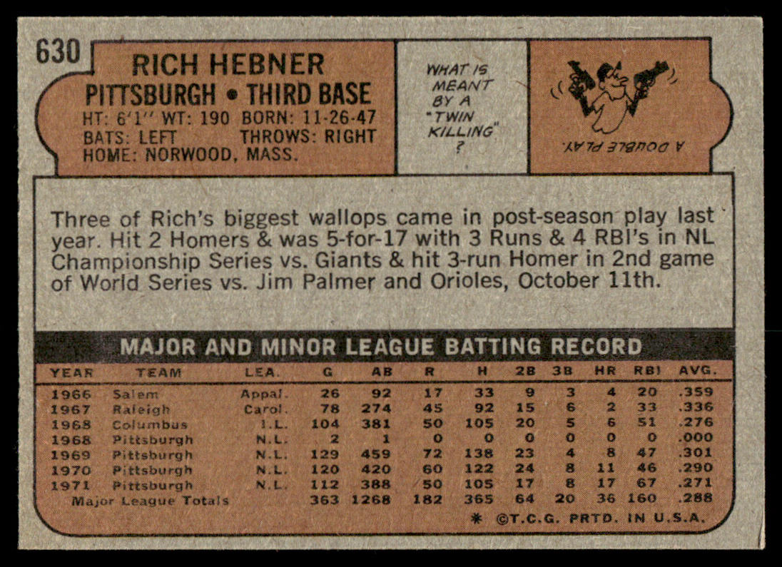 1972 Topps Baseball #630 - Rich Hebner - EXMT