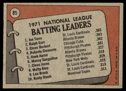 1972 Topps Baseball #85 - 1971 N.L. Batting Leaders - EX