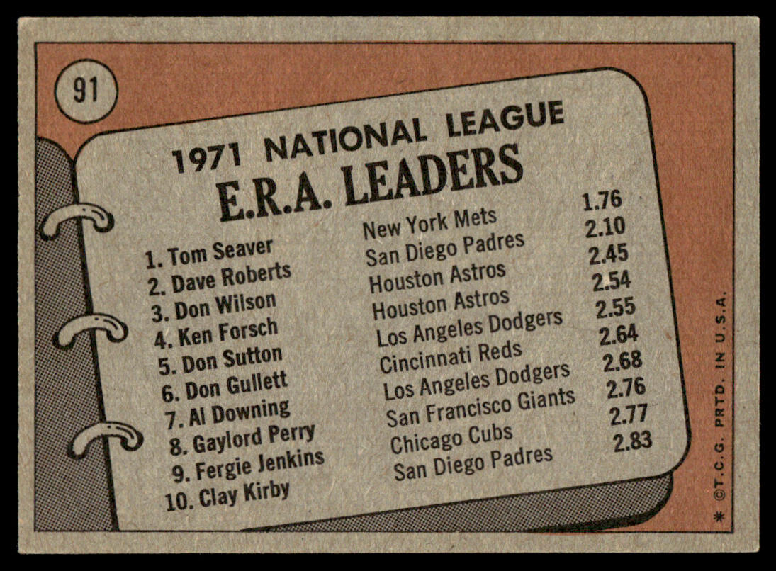 1972 Topps Baseball #91 - 1971 N.L. E.R.A. Leaders - EX