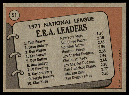 1972 Topps Baseball #91 - 1971 N.L. E.R.A. Leaders - EX