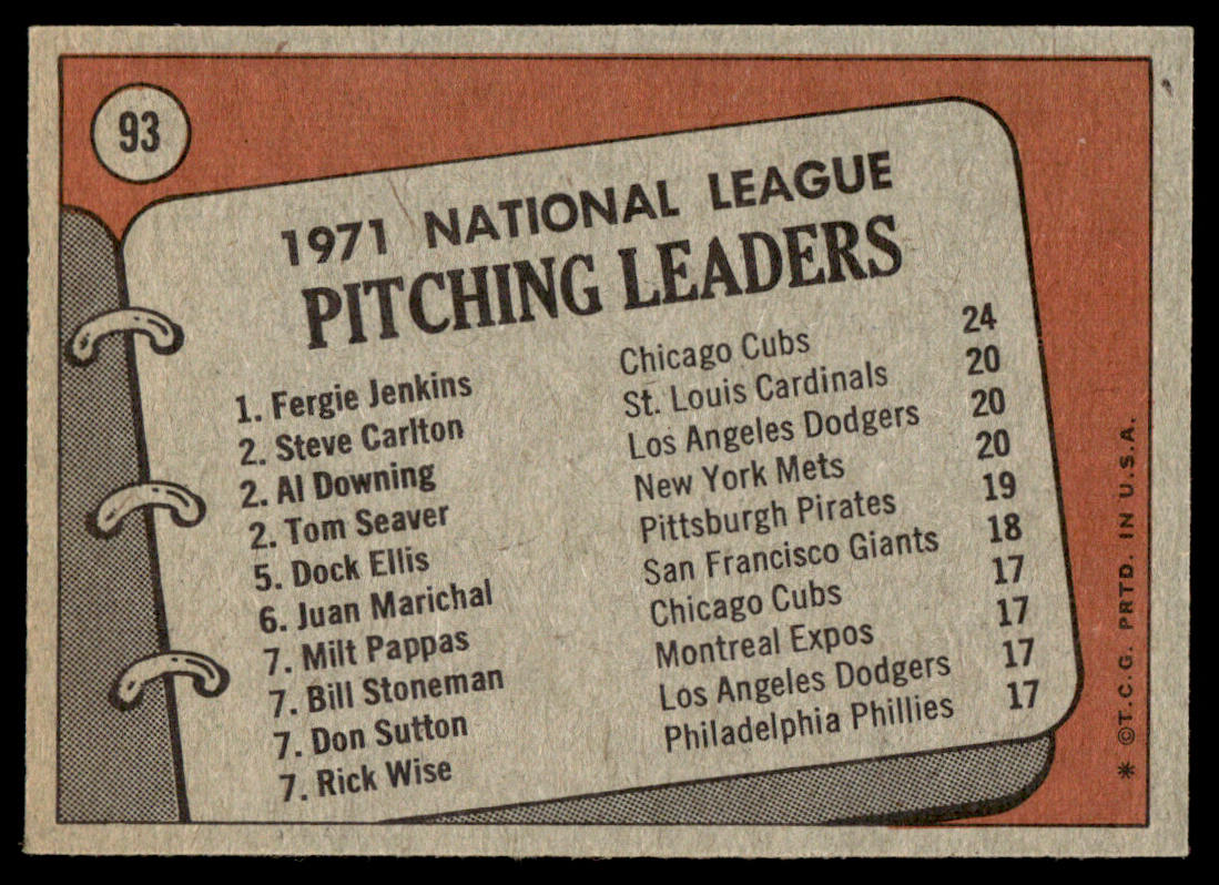 1972 Topps Baseball #93 - 1971 N.L. Pitching Leaders - EXMT
