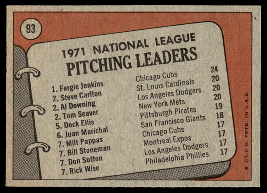 1972 Topps Baseball #93 - 1971 N.L. Pitching Leaders - EXMT