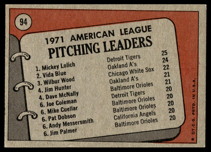 1972 Topps Baseball #94 - 1971 A.L. Pitching Leaders - NM