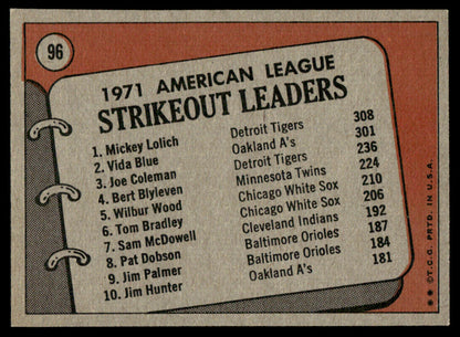 1972 Topps Baseball #96 - 1971 A.L. Strikeout Leaders - NM