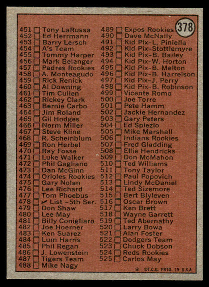 1972 Topps Baseball #378b - Checklist 4th Series - NM