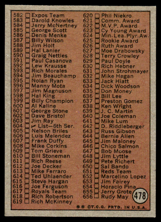 1972 Topps Baseball #478b - Checklist 5th Series - EXMT