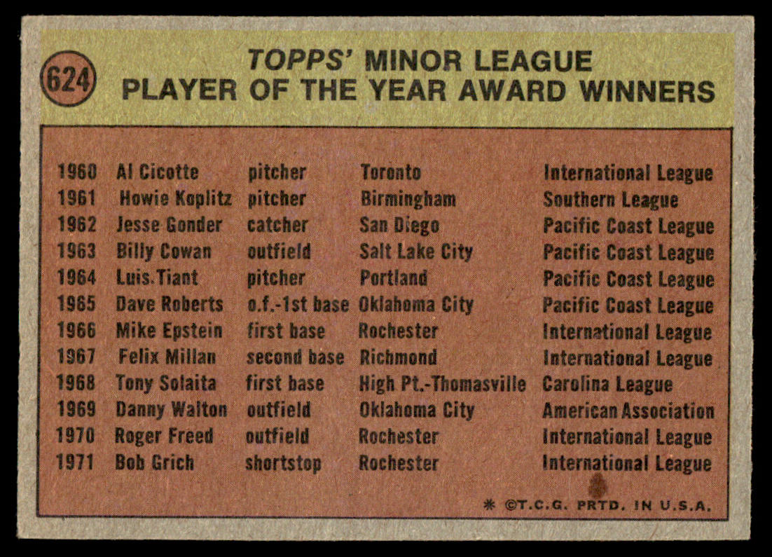 1972 Topps Baseball #624 - Minor League Player of the Year Award - EXMT