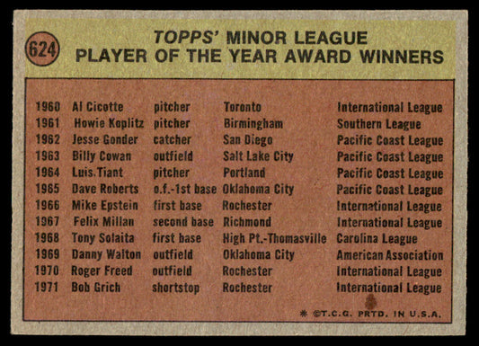 1972 Topps Baseball #624 - Minor League Player of the Year Award - EXMT