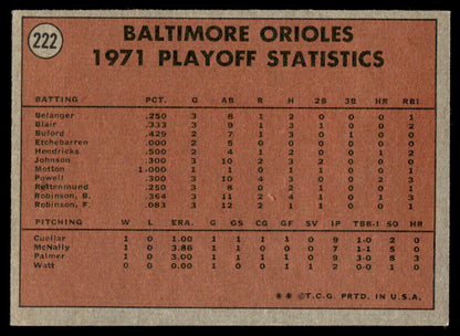 1972 Topps Baseball #222 - 1971 A.L. Playoffs: Orioles Champs! ALCS - EX