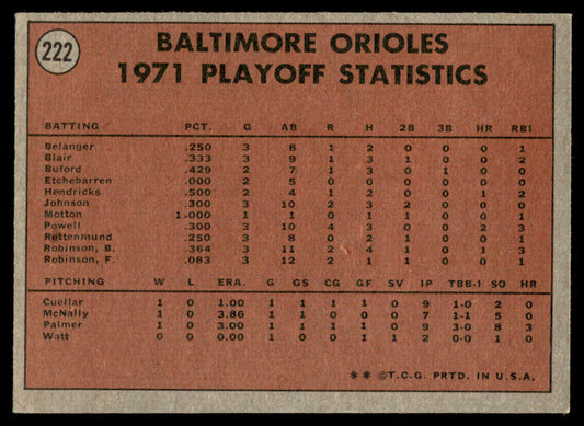 1972 Topps Baseball #222 - 1971 A.L. Playoffs: Orioles Champs! ALCS - EX
