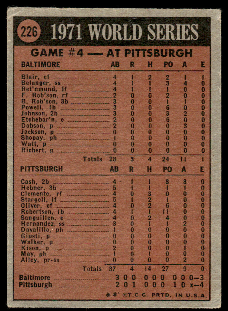 1972 Topps Baseball #226 - 1971 World Series Game No. 4 - VG