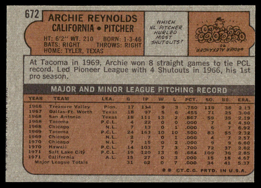 1972 Topps Baseball #672 - Archie Reynolds - EX