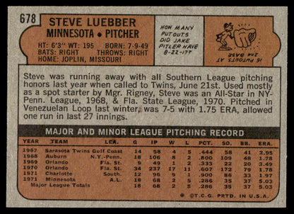1972 Topps Baseball #678 - Steve Luebber RC - EXMT