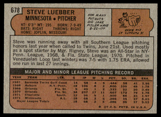 1972 Topps Baseball #678 - Steve Luebber RC - EXMT