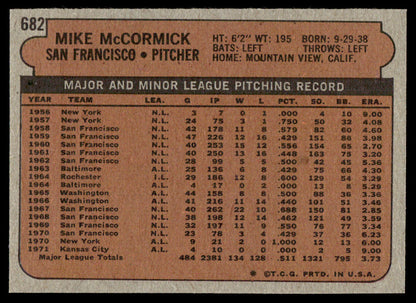 1972 Topps Baseball #682 - Mike McCormick - EXMT