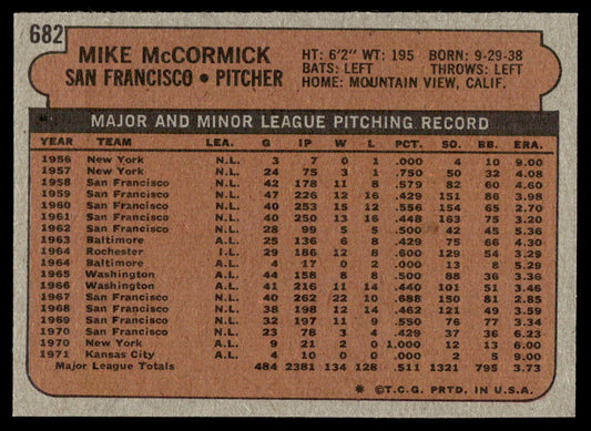 1972 Topps Baseball #682 - Mike McCormick - EXMT