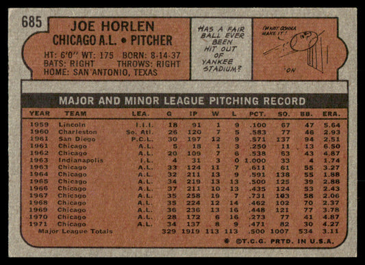1972 Topps Baseball #685 - Joe Horlen - EXMT
