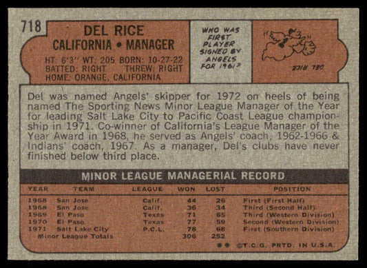 1972 Topps Baseball #718 - Del Rice - EXMT