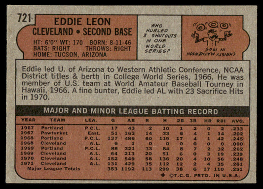 1972 Topps Baseball #721 - Eddie Leon - EXMT