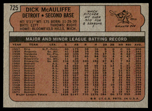 1972 Topps Baseball #725 - Dick McAuliffe - EXMT