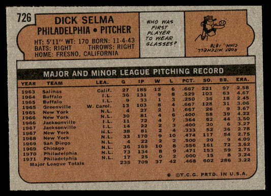 1972 Topps Baseball #726 - Dick Selma - NM